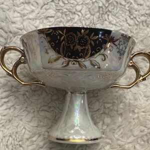Vintage Iridescent Gold Trim Two-Handled Pedestal Compote dessert dish